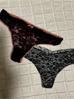 Victoria's Secret Burgundy and Blush Lace Thong Duo